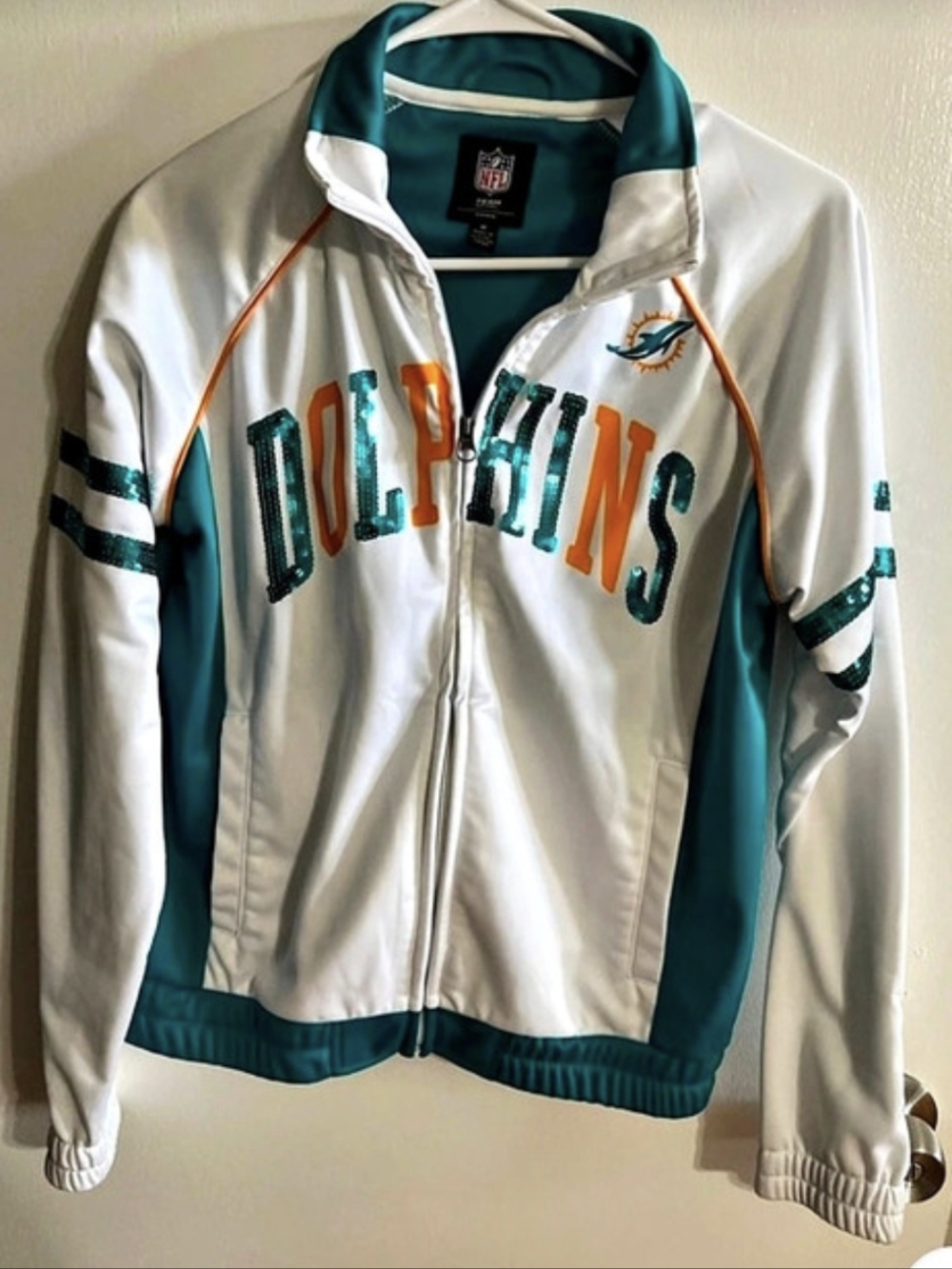 NFL Miami Dolphins Color Block Jacket in White & Blue Size Medium Like New